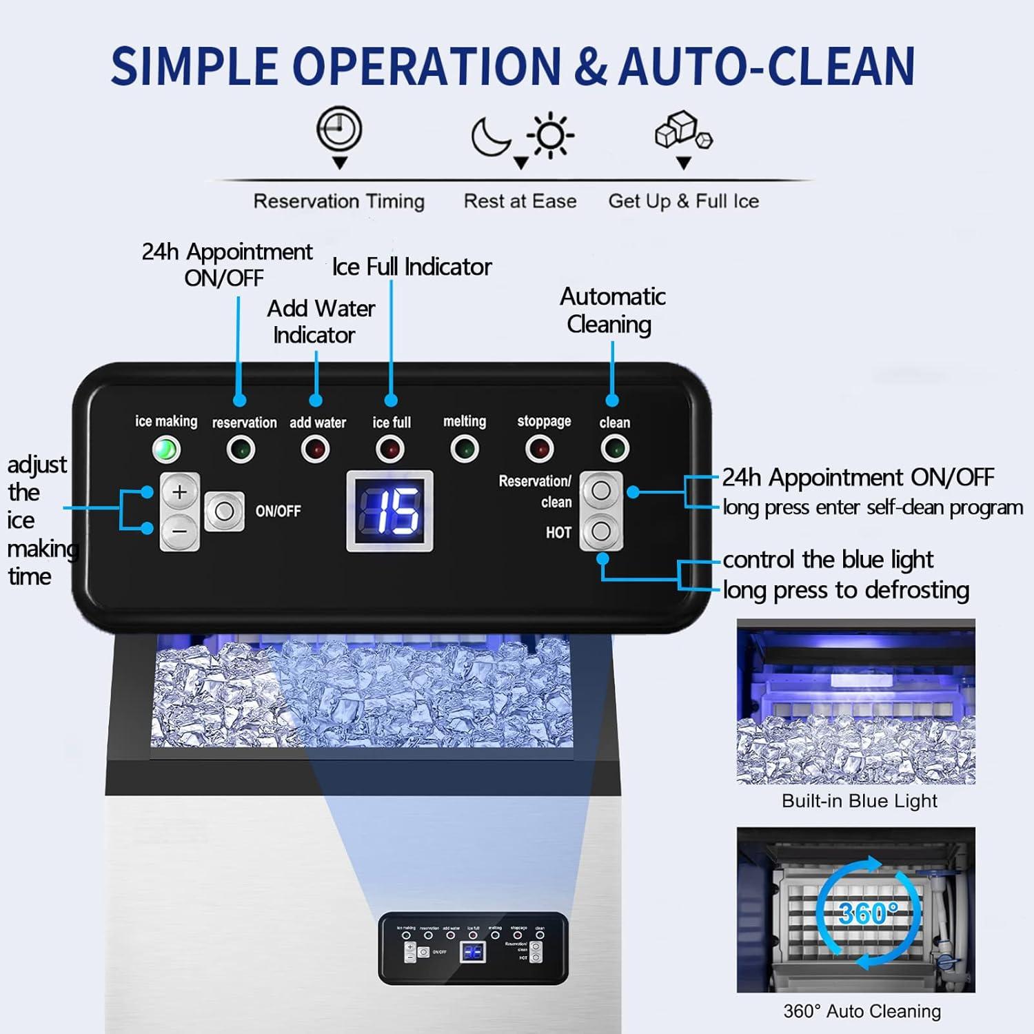 Commercial Maker 120 lb./24 H Freestanding Ice Maker Machine with 35 lbs. Storage, 2 Water Inlet Modes, Stainless Steel