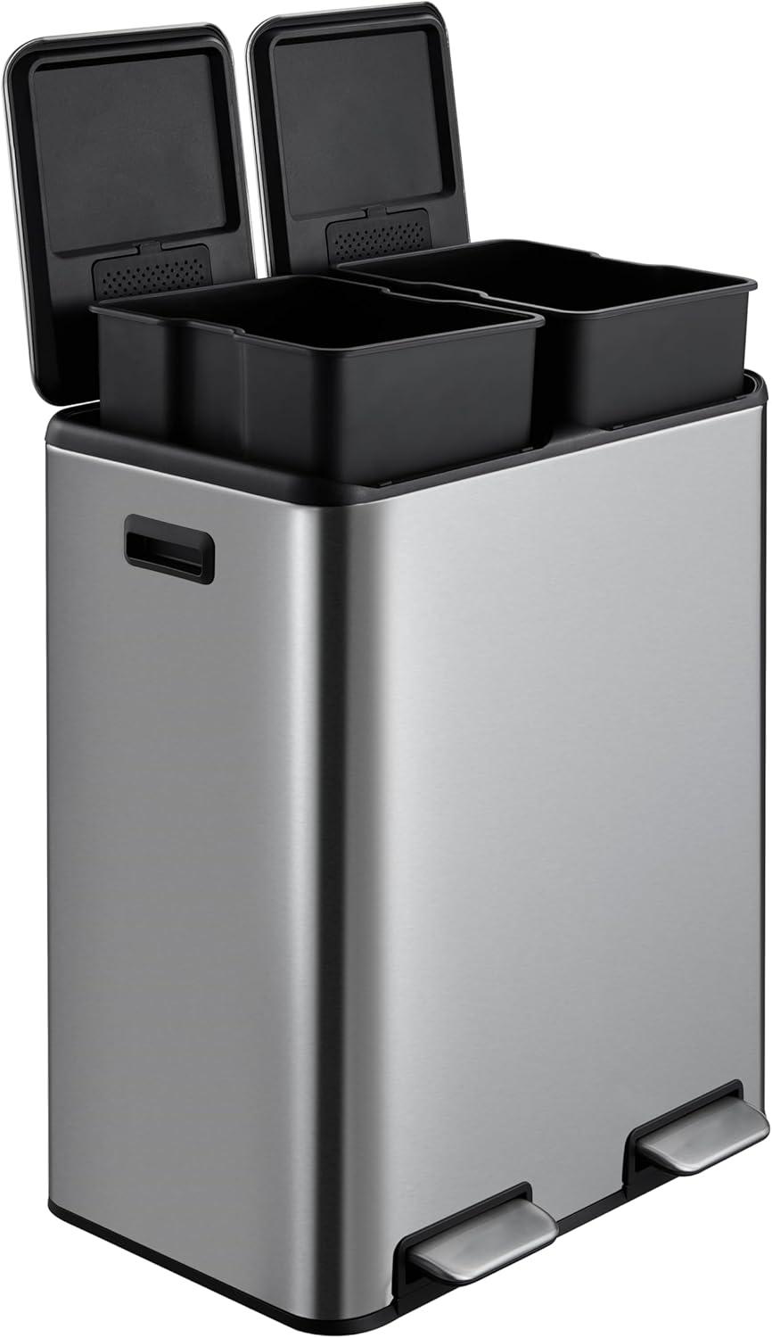 ATENOW 60 L / 16 Gal Rectangular Hands-Free Dual Compartment Recycling Kitchen Step Trash Can with Soft-Close Lid, 2 Plastic Inner Buckets and Hinged Lids