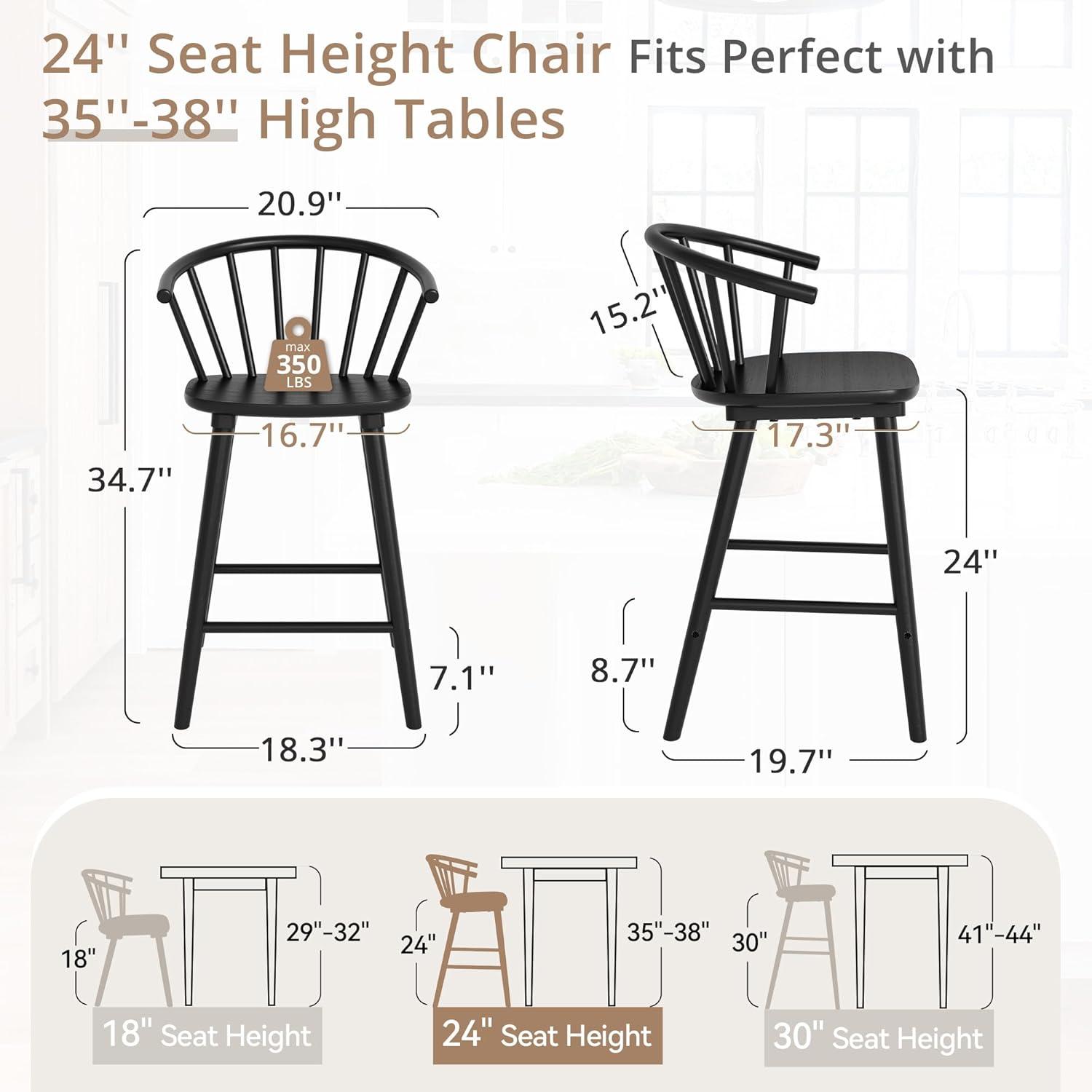Winson Windsor 24 in. Black Solid Wood Bar Stool for Kitchen Island Counter Stool with Spindle Back Set of 6