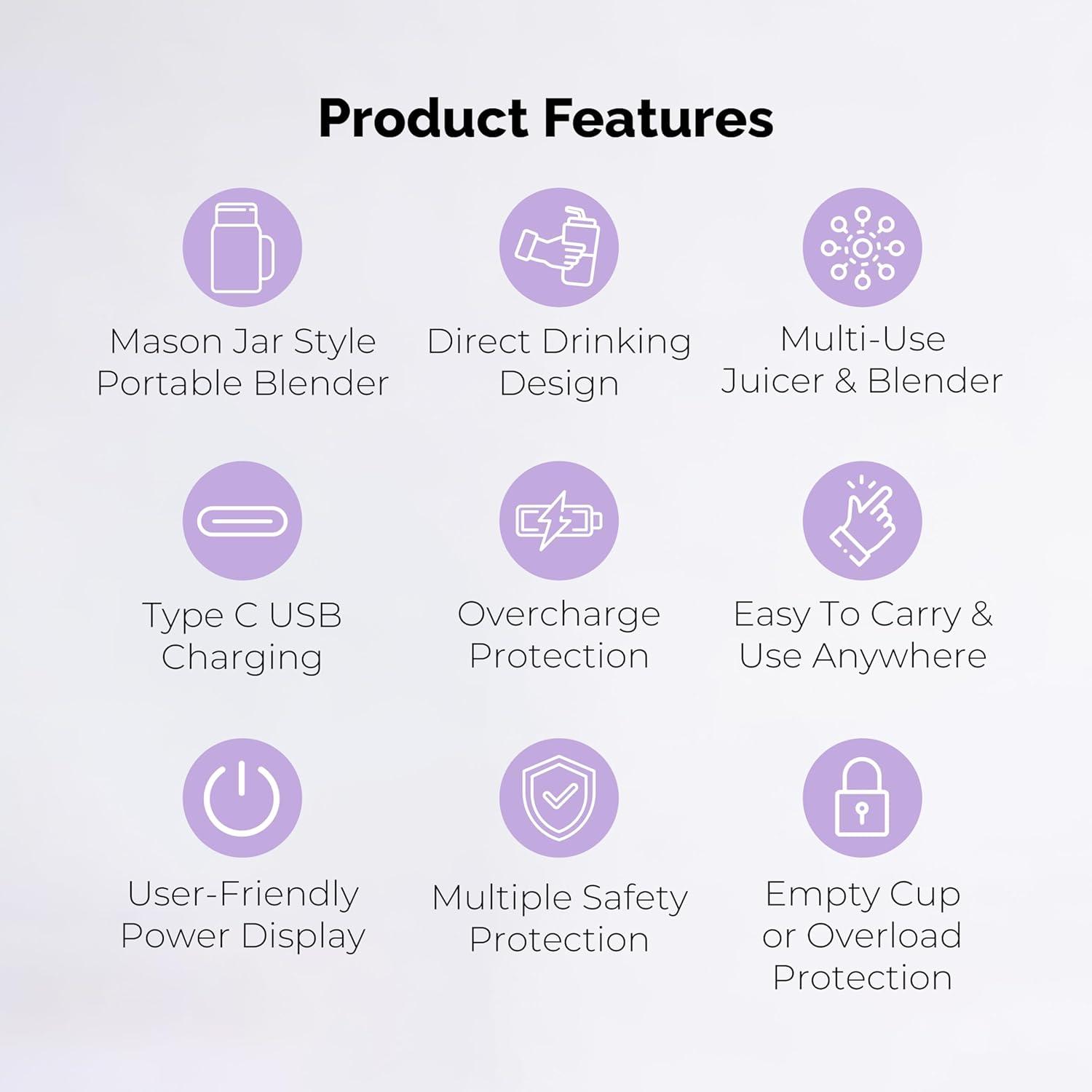 Personal Portable Blender For Shakes & Smoothies, Leakproof & Stylish Portable Mason Jar Shaker, Rechargeable Mini Blender with 10-Blade Blending System 14oz, Purple