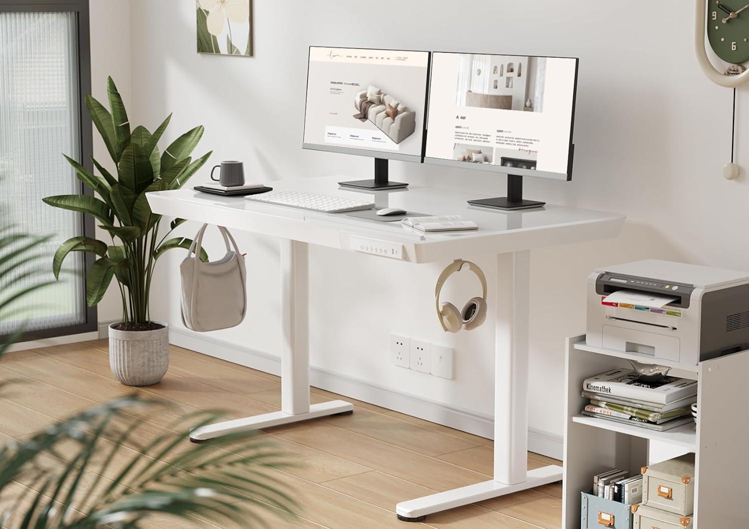 White Glass Adjustable Standing Desk with Drawer and USB Ports