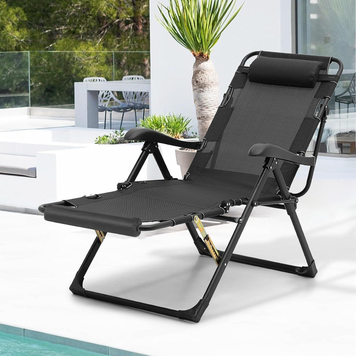 MoNiBloom Patio Lounge Chair with Adjustable Headrest & Foot Pads, Outdoor Folding Reclining Beach Lawn Lounger, Black
