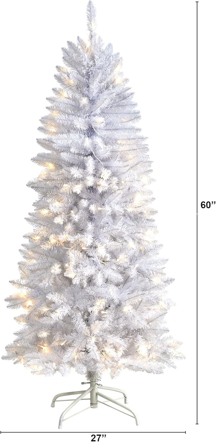 Nearly Natural 5-ft Slim White Artificial Christmas Tree with 150 Warm White LED Lights and 491 Bendable Branches