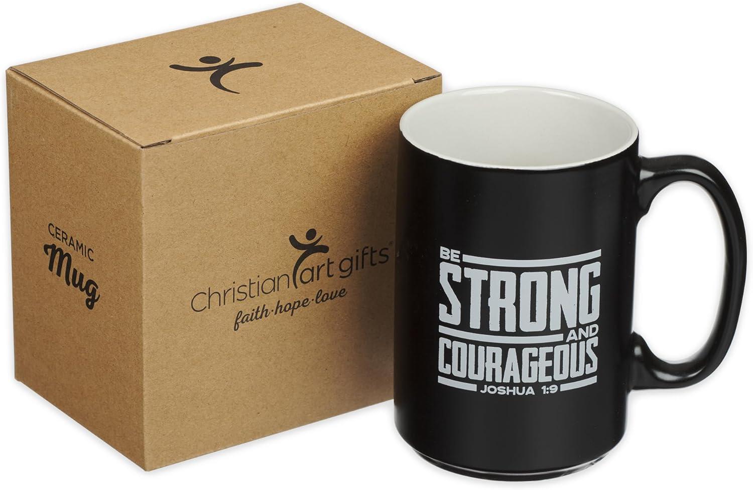 Christian Art Gifts Large Coffee & Tea Inspirational Scripture Mug for Men: Strong & Courageous - Encouraging Bible Verse Drinkware, Black, 14 Oz. (Other)