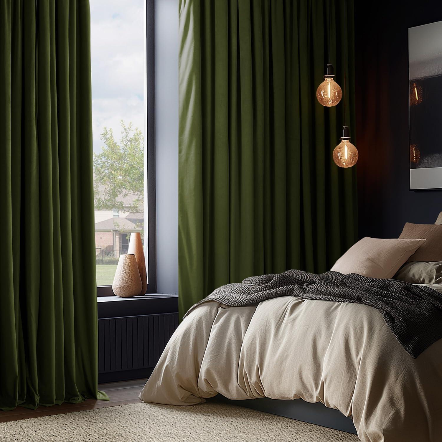 Half Price Drapes Signature Basque Green Velvet Blackout Curtains For Bedroom(1 Panel), 50WX 84L