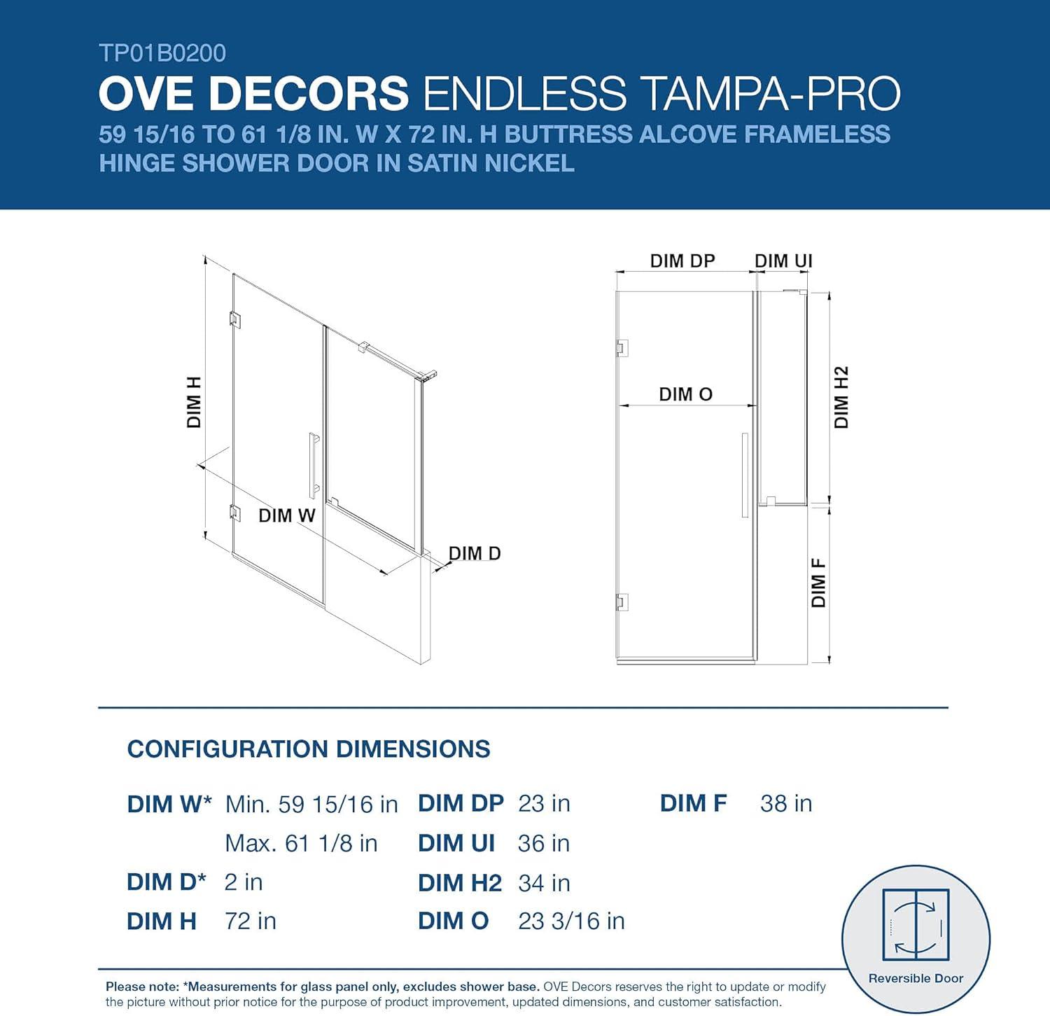 Ove Decors Tampa-Pro 61-1/8 in. W x 72 in. H Alcove Shower Enclosure with Hinge Frameless Shower Door in SN with Buttress Panel