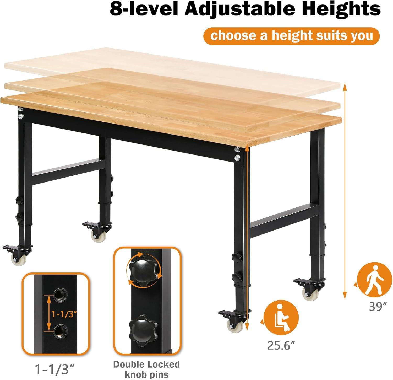 Lacluta 48'' W Solid Wood Top Height-Adjustable Workbench with Wheels