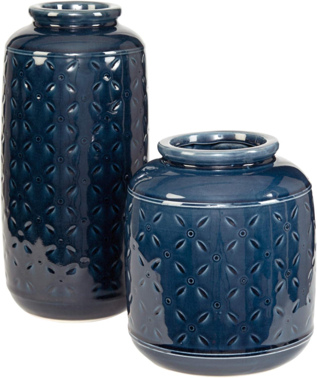 Navy Blue Ceramic Decorative Vase Set with Sand Dollar Markings