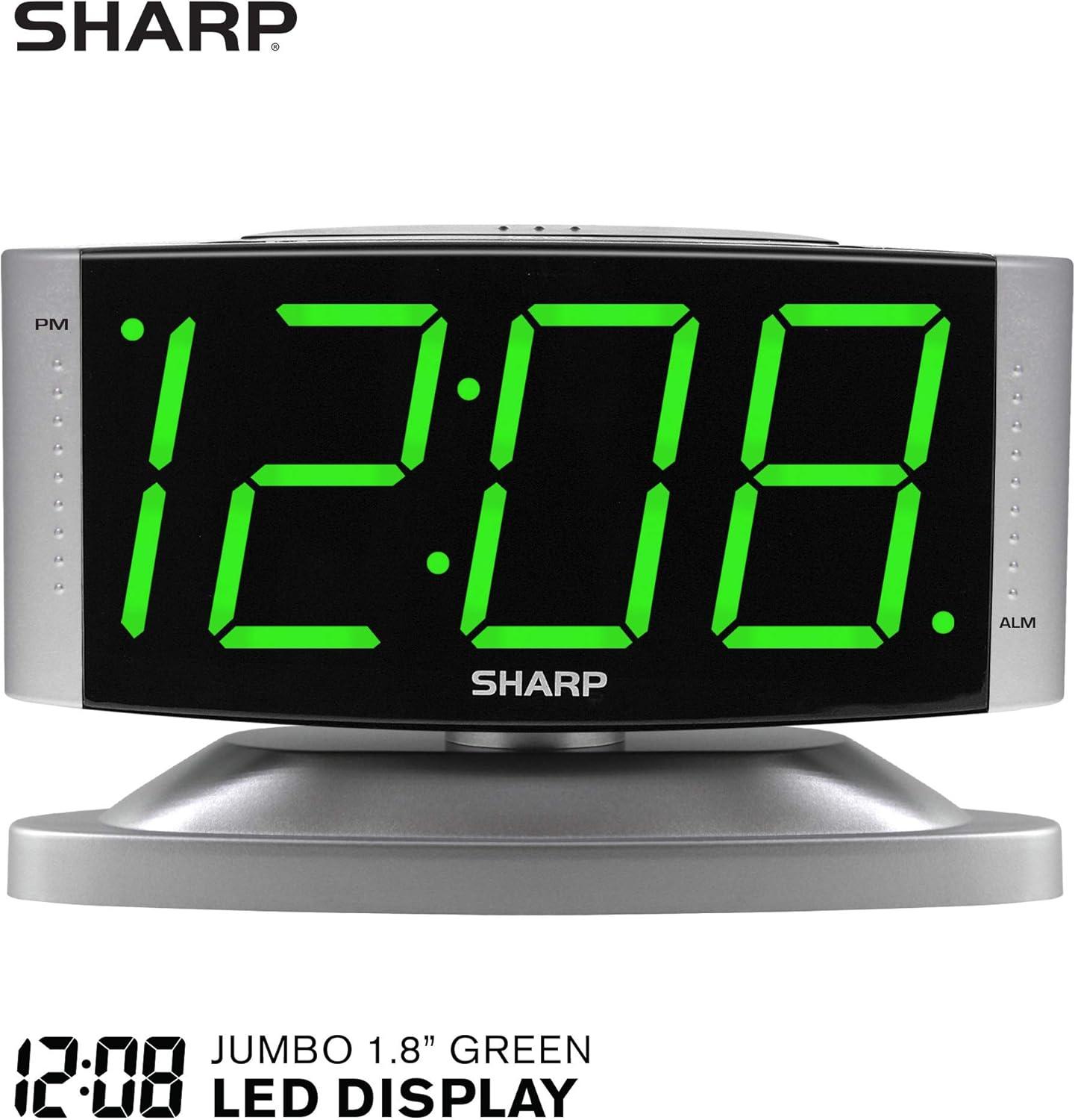 Sharp LED Digital Alarm Clock Swivel Base Outlet Powered Simple Operation Snooze Dimmer Large Green Digit Display