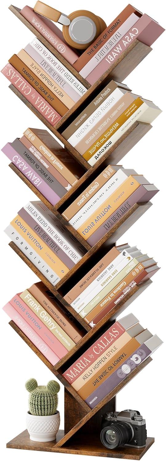 Hoctieon 10 Tier Tree Bookshelf, 10 Shelf Bookcase, Free Standing Tree Bookcase, Display Floor Standing Shelf for Books, Book Shelf Organizer, Rustic Brown
