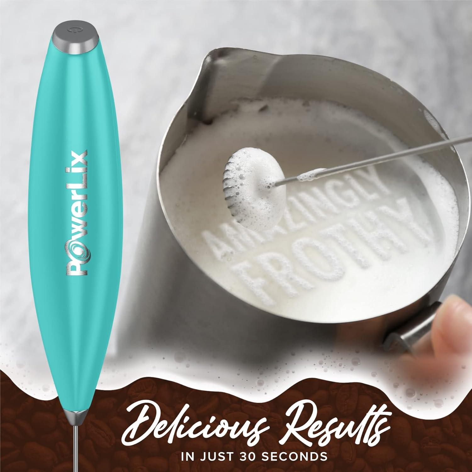 PowerLix Milk Frother Handheld Battery Operated Electric Whisk Foam Maker For Coffee With Stainless Steel Stand Included  - Carribean Aqua