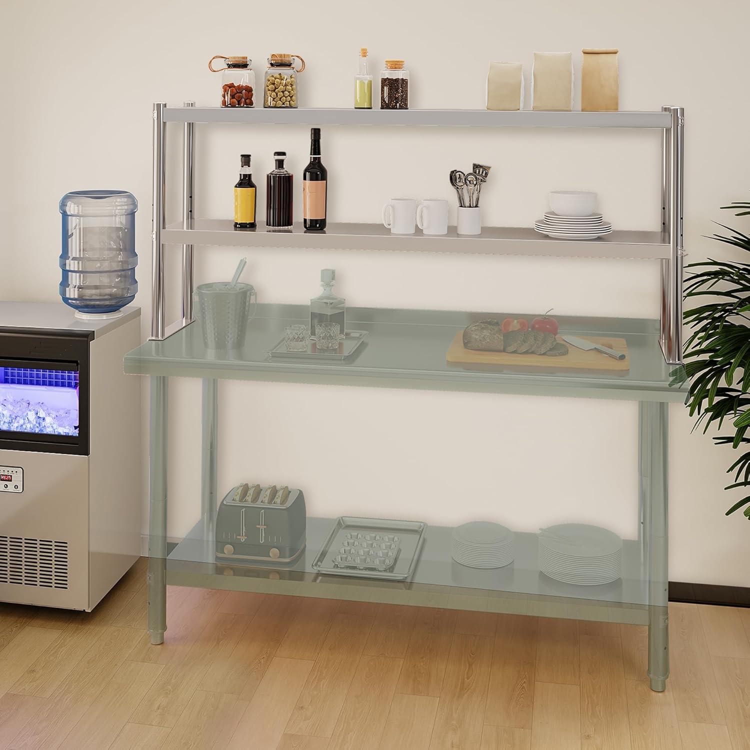 STRELECT 12"x48" Stainless Steel Overshelf for Prep & Work Table, NSF Commercial Adjustable Double Deck Overshelf 2 Tier for Restaurant, Bar, Utility Room, Kitchen and Garage