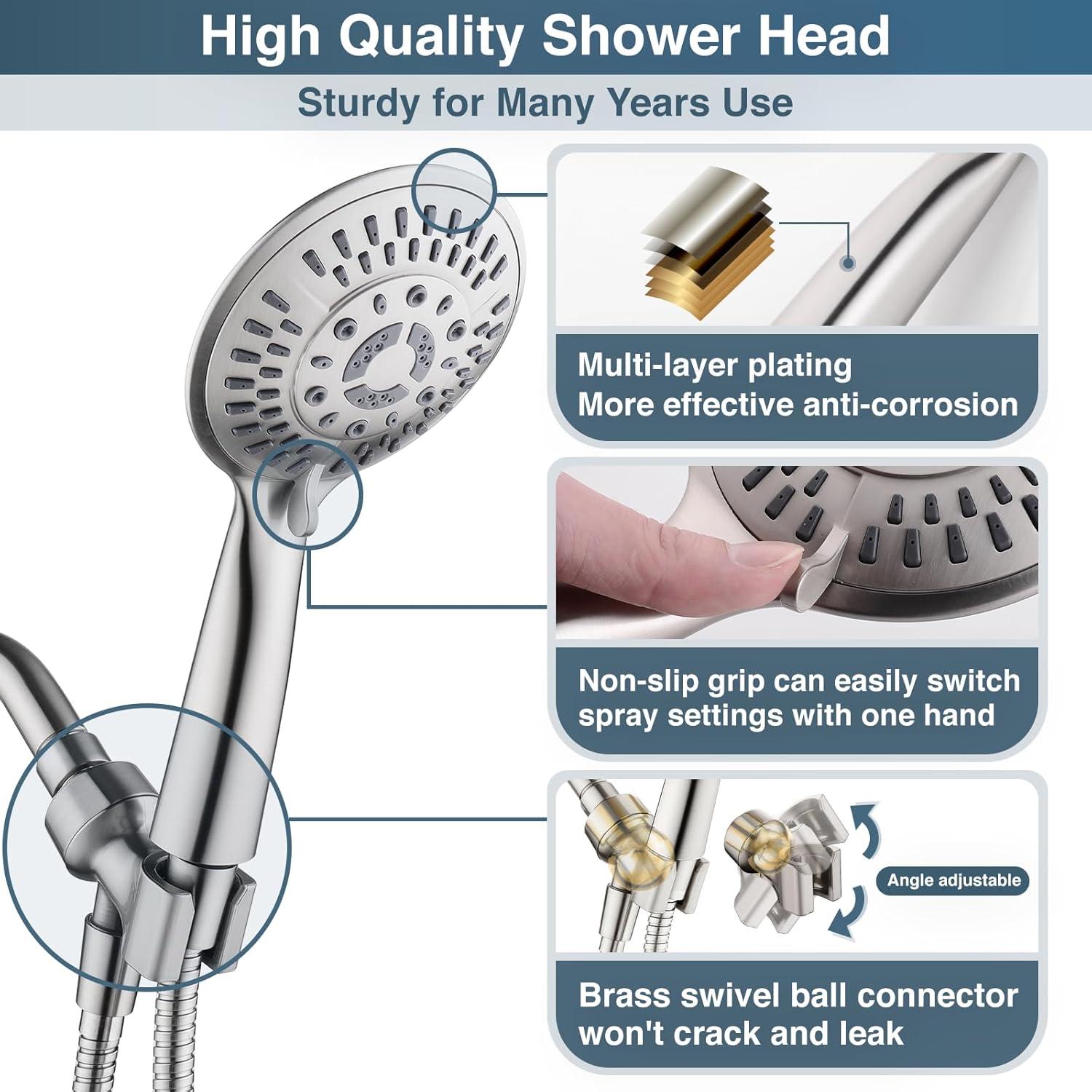 Brushed Nickel Handheld Shower Head with 9 Spray Settings