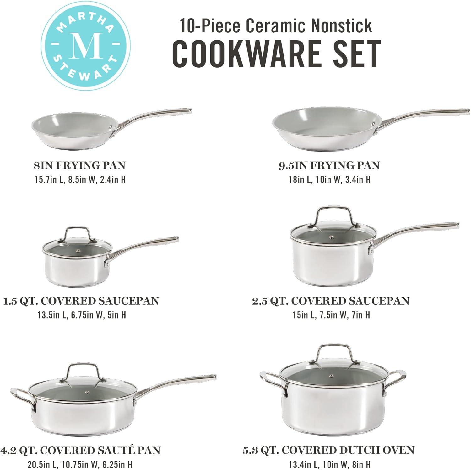 Martha Stewart Delaroux 10 Piece Stainless Steel Cookware Set w/ Nonstick Ceramic Interior