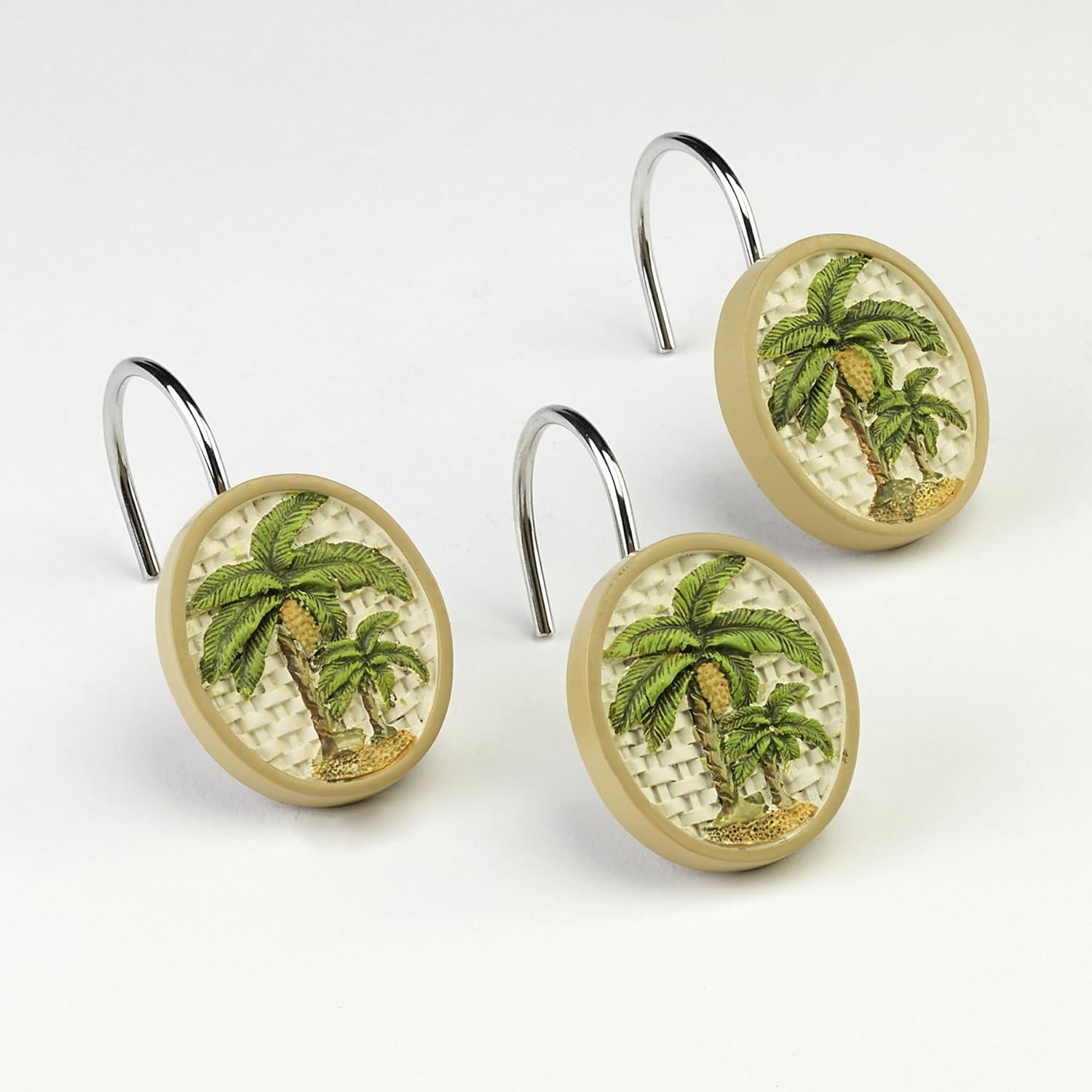 Ivory Ceramic Tropical Palm Shower Curtain Hooks Set