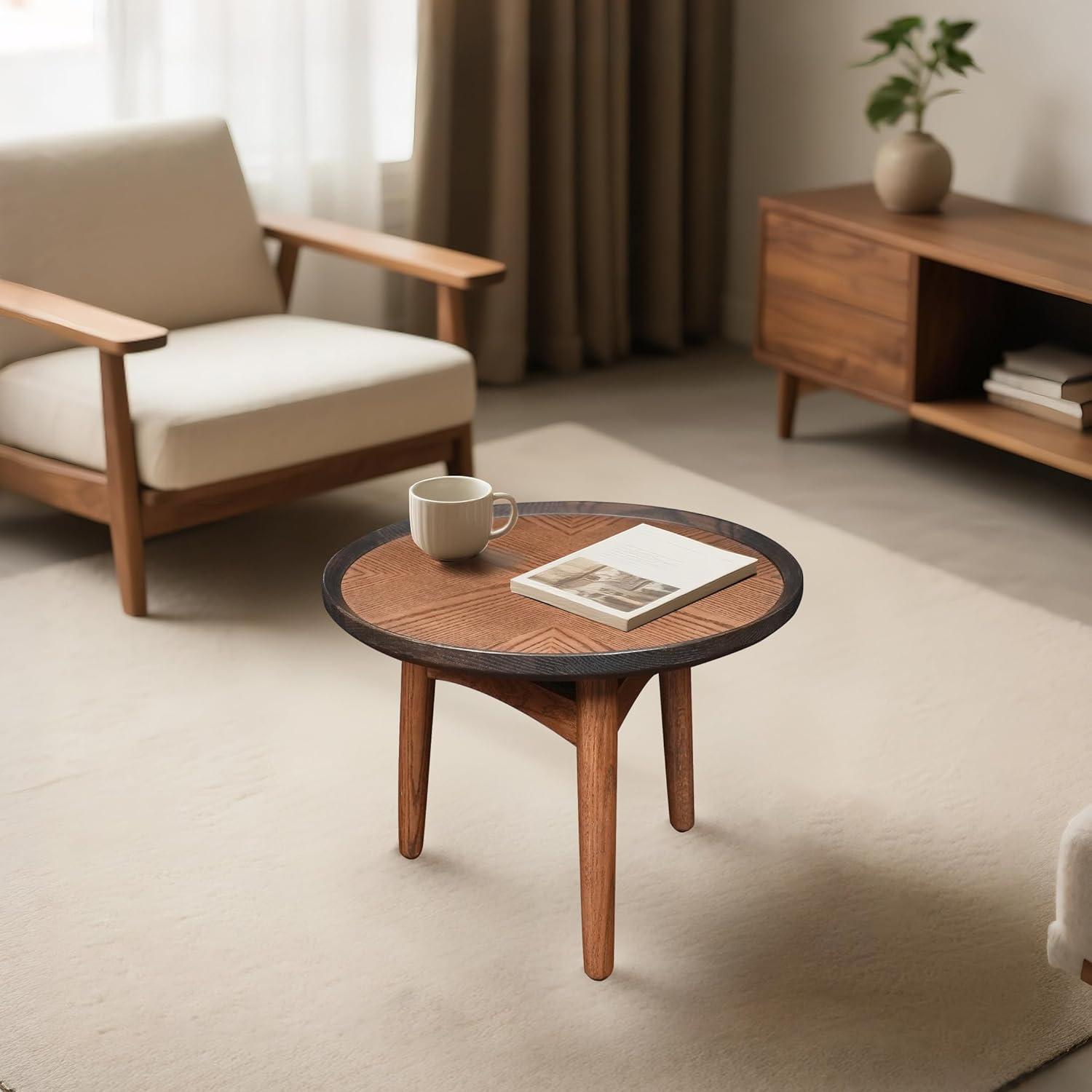 CONSDAN Nesting Table, Solid Oak Hardwood Structure Round Coffee Table & Side Table with Solid Wood Feet for Living Room, Bedroom, Balcony - Standard