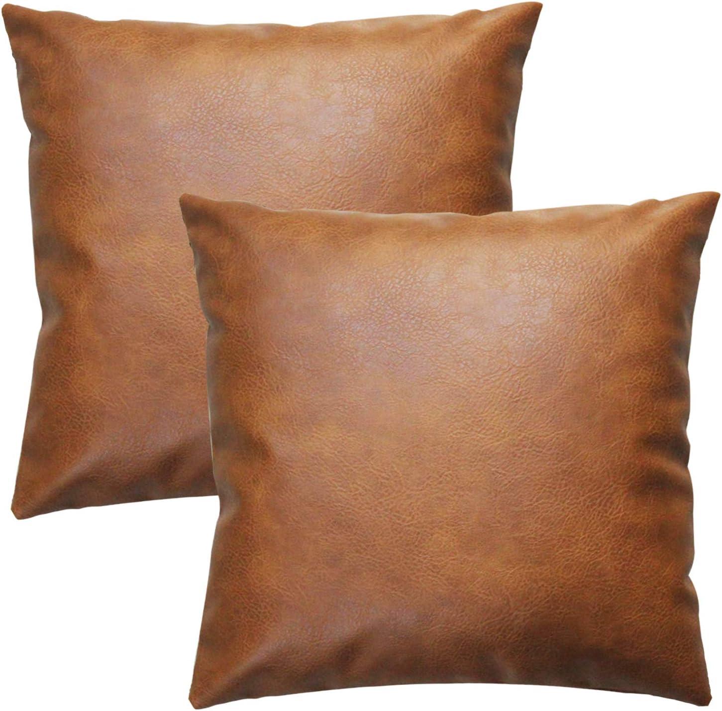 Faux Leather Throw Pillow Covers 18X18 Inch Set of 2 Brown Outdoor Modern Farmhouse Solid Decorative Pillow Covers for Room Couch Living Bedroom Bed Sofa