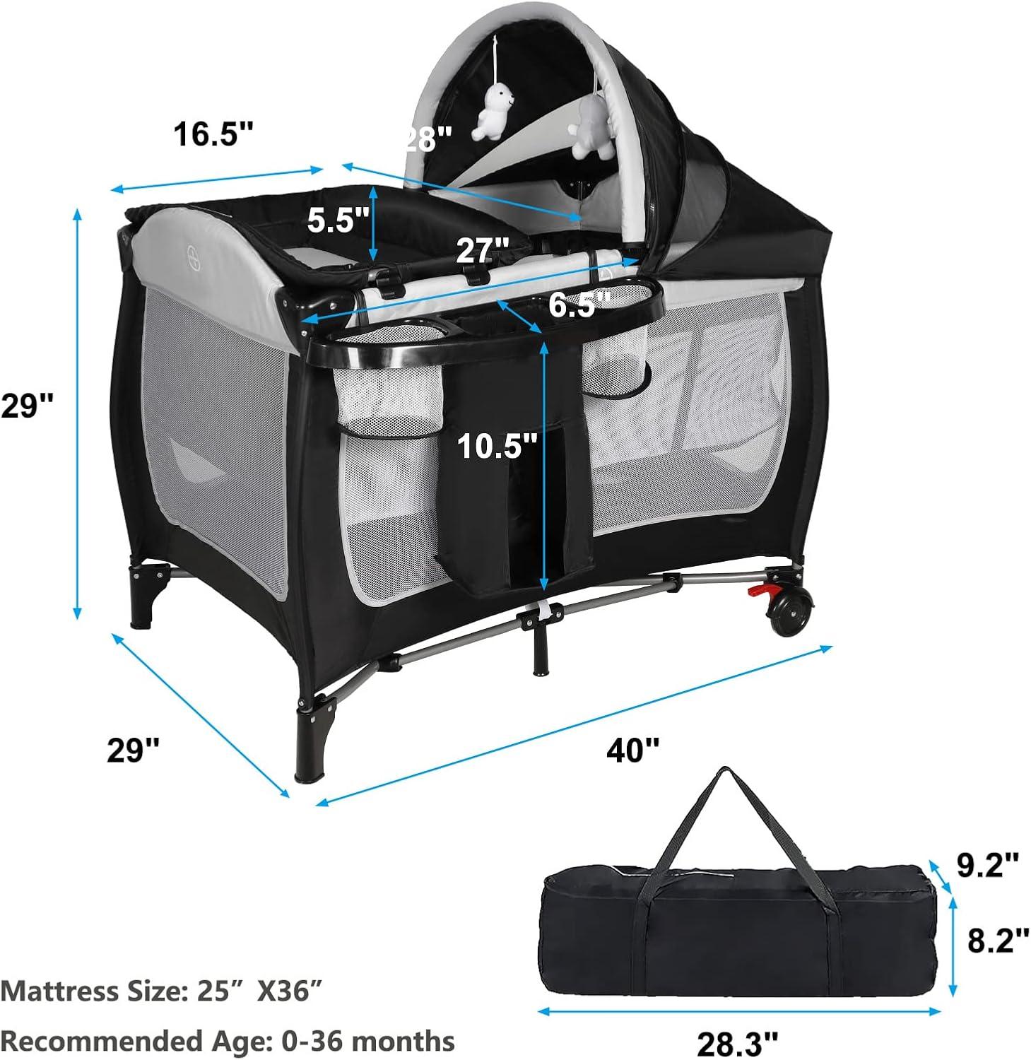 Black and Gray Portable Nursery Center with Bassinet and Changing Station