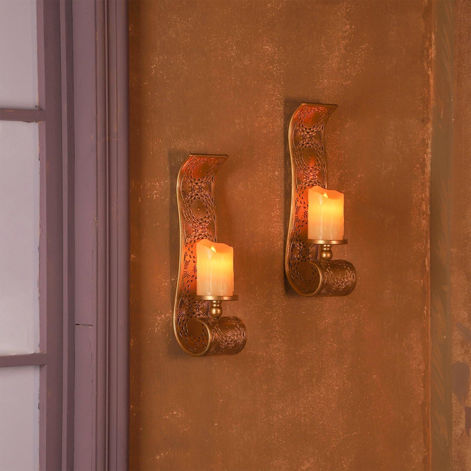 Wall Candle Sconce Set of 2,Gold Metal Wall Mount Candle Holder，Spanish Baroque Hollow Carving Wall-Mounting Sconces for Living Room, Bathroom, Dining Areas,Hallways Decorations