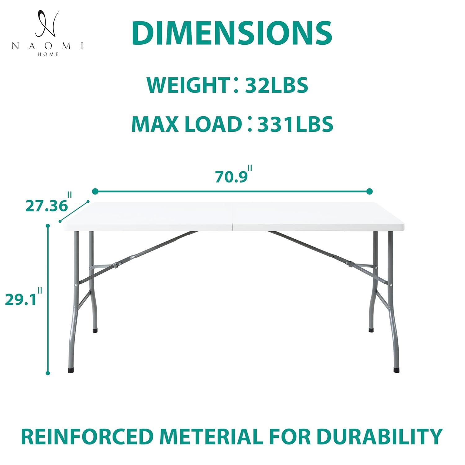 6ft Folding Table Multipurpose Foldable Dinner Table Portable Folding Rectangular Resin Table for Outdoor Camping Picnic Party by Naomi Home - White
