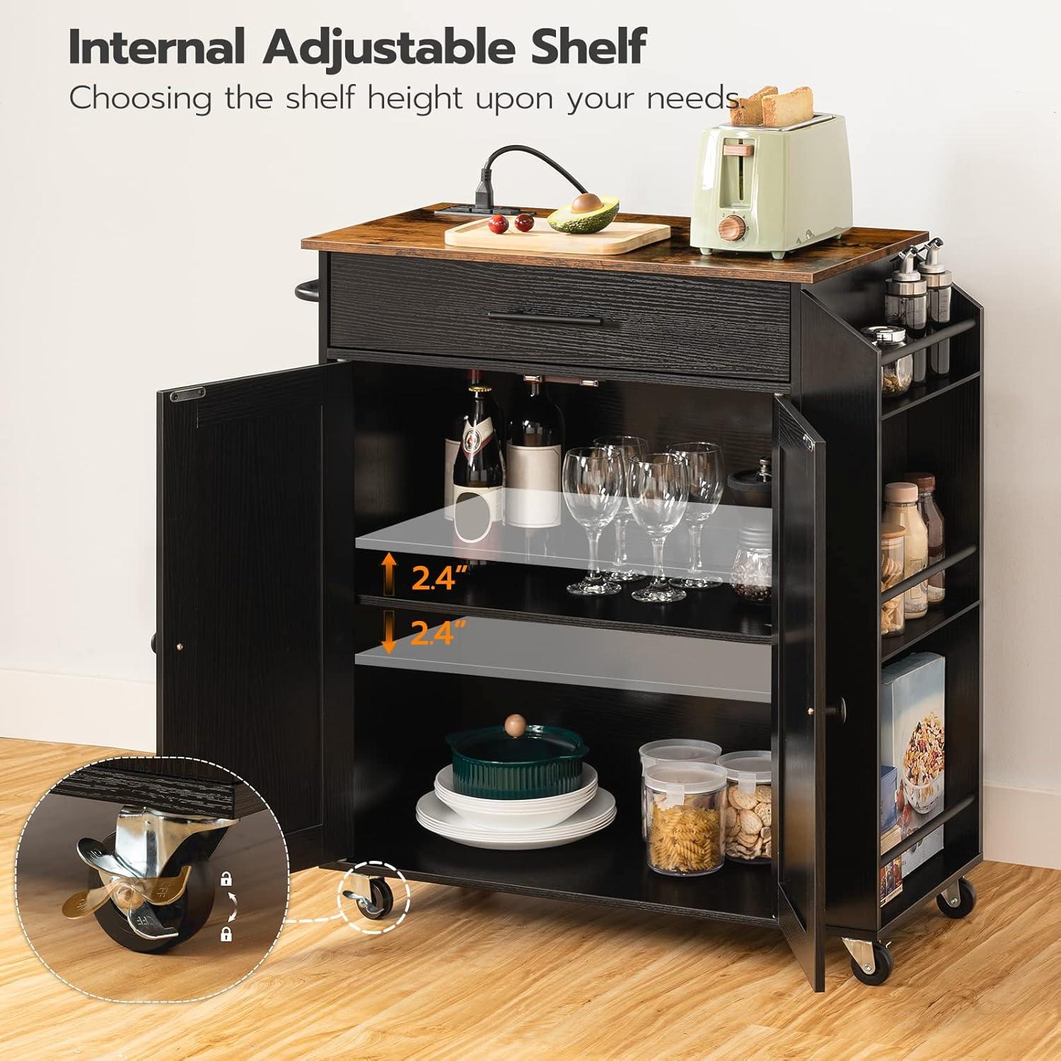 Rustic Brown and Black Rolling Kitchen Island with Power Outlet