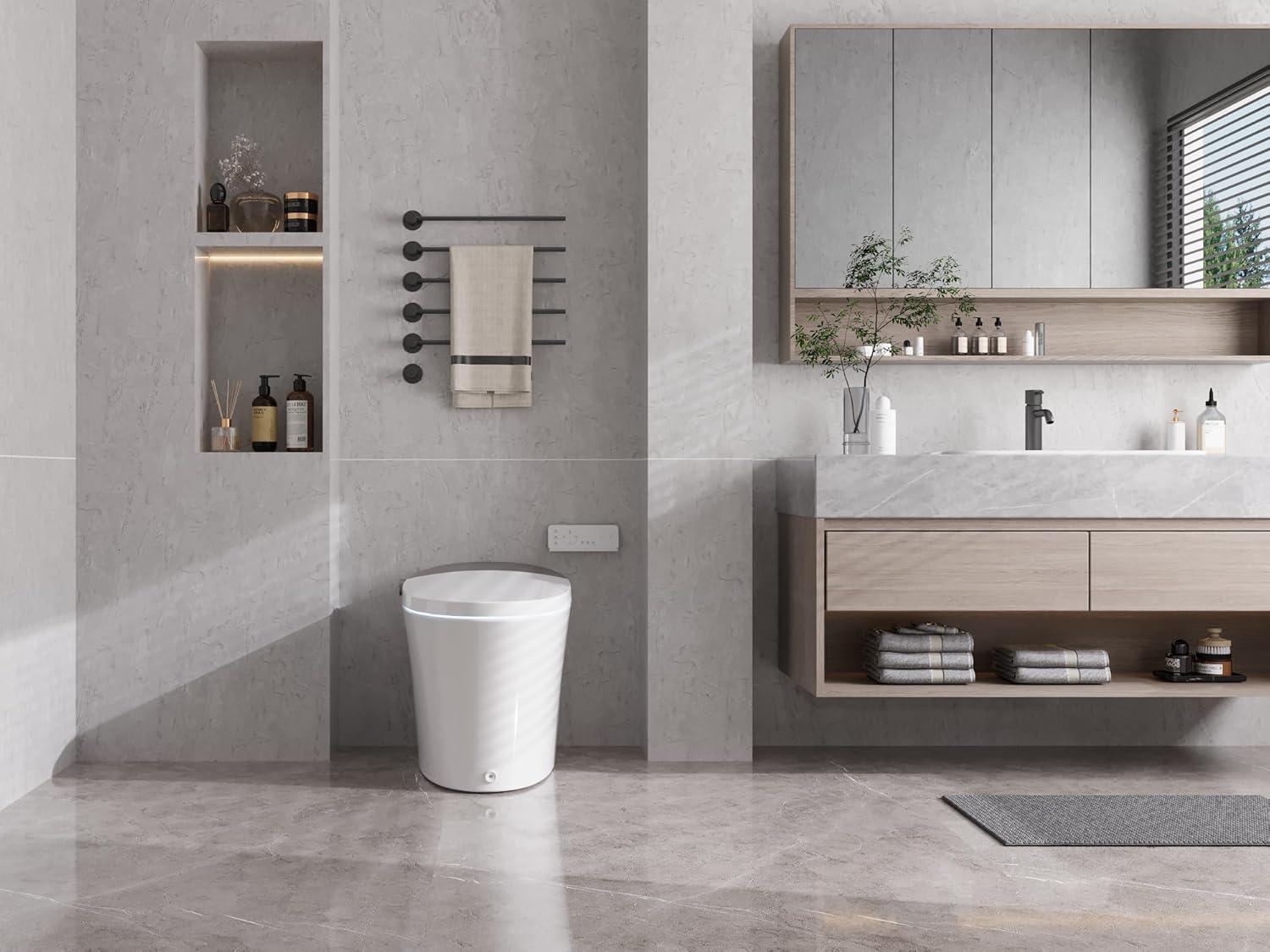 Smart Toilet with Quiet-Closed Heated Seat, Foot Kick/Off-seat/Blackout/Remote Flush, Bidet Elongated Toilet with Tankless, Gentle Night light, Remote Control, Advanced