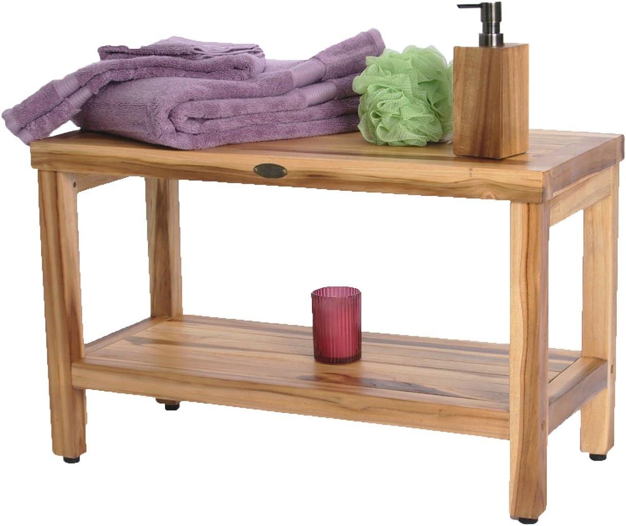 30" Eleganto ED1000 Wide Teak Shower Bench with Shelf - EcoDecors: Bathroom Stool, Rectangular, Water Resistant