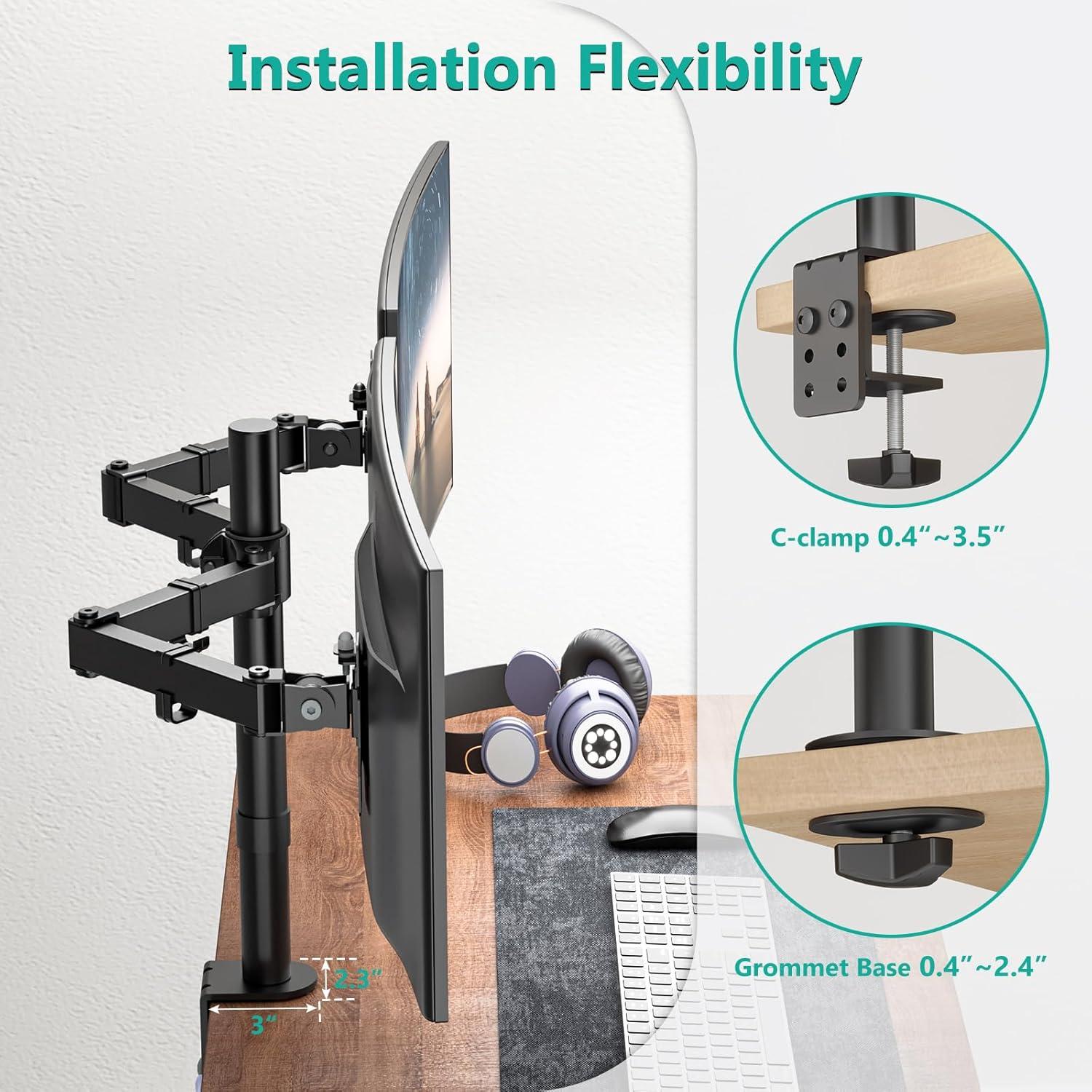 Mount-It! Dual Monitor Mount | Double Monitor Desk Stand | Two Full Motion Adjustable Arms Fit 2 Computer Screens 17 - 32 in. | C-Clamp & Grommet Base