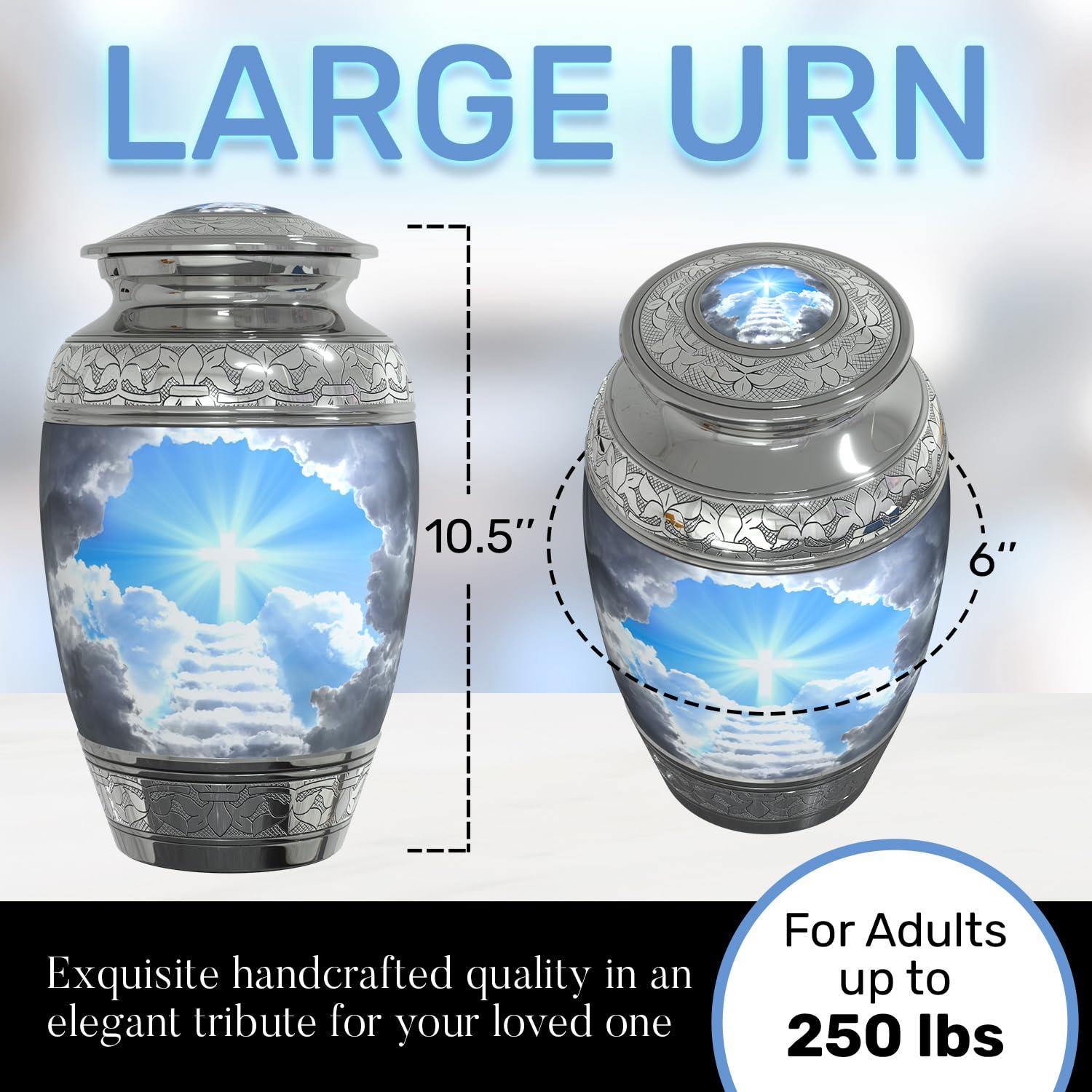Stairway to Heaven Large Cremation Urn for Human Ashes with Handcrafted Funnel (Christian/Catholic/Cross/Adult/Male/Female)