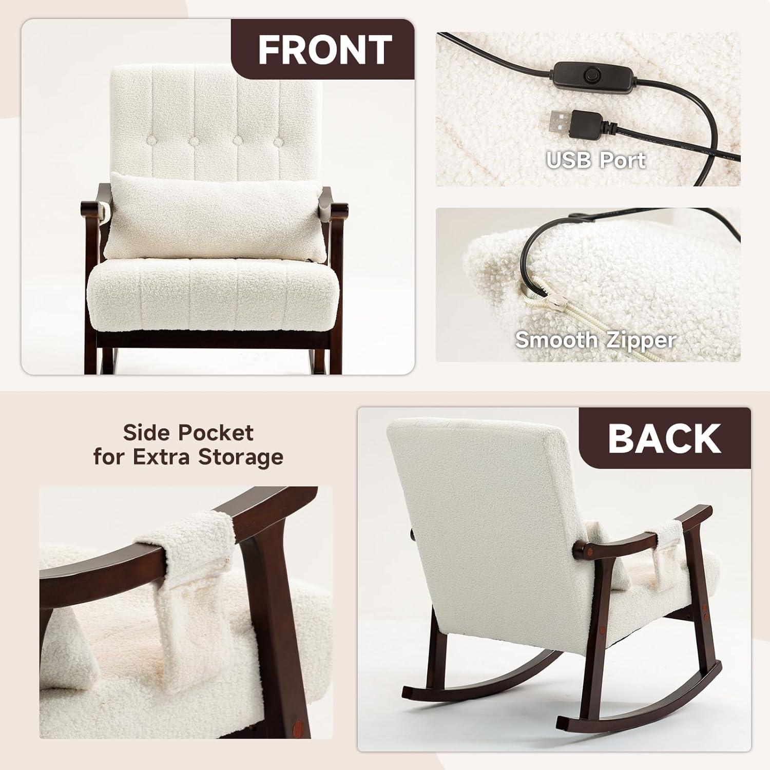 AVAWING Upholstered Rocking Chair, Small Boucle Glider Rocker with 2-Point Massage Lumbar Pillow and Solid Wood Legs, for Bedroom and Living Room, White