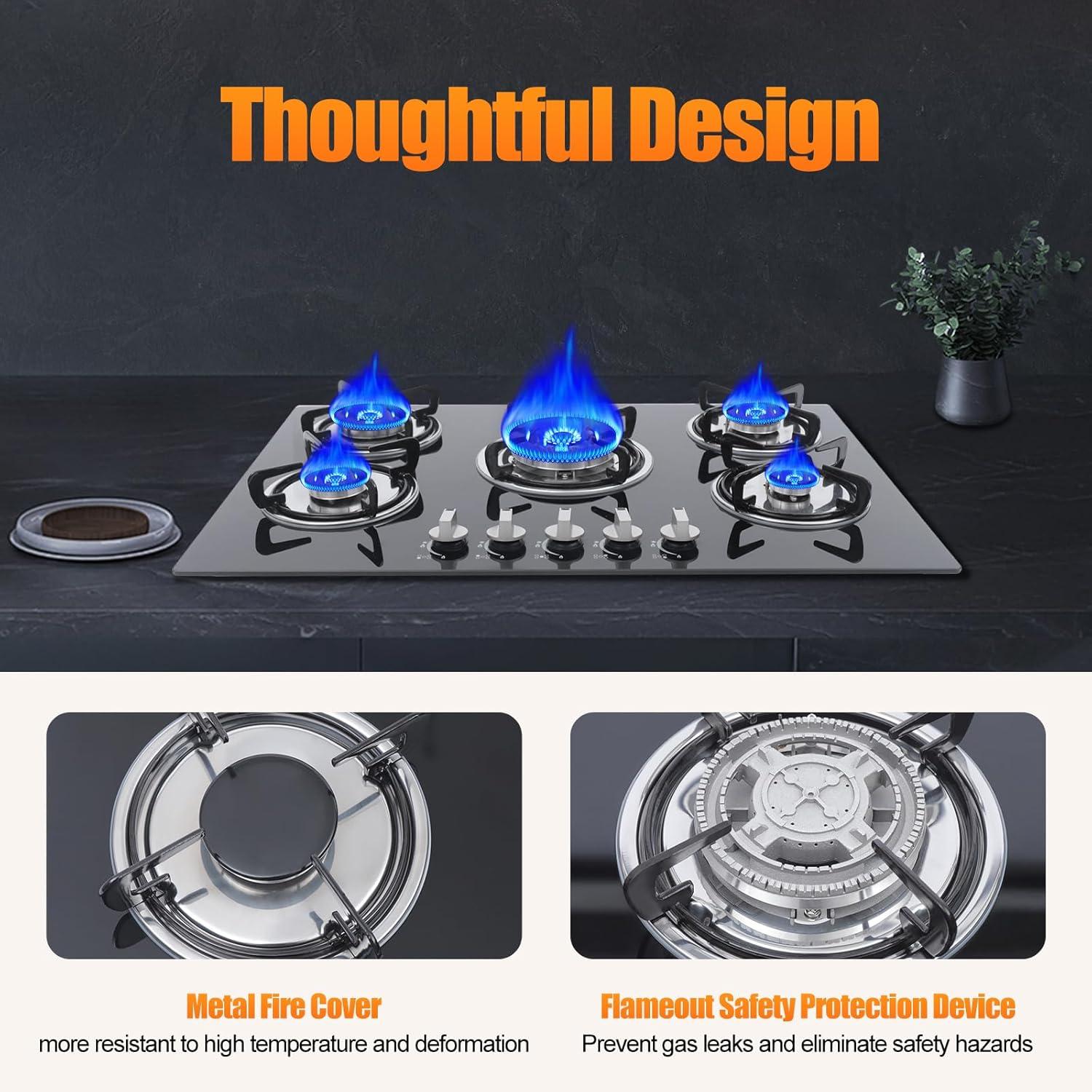 30"  Gas Stove Cooktop, 5 Burners Built-in Tempered Glass LPG/NG Stove with Flameout Protection for Kitchen Black