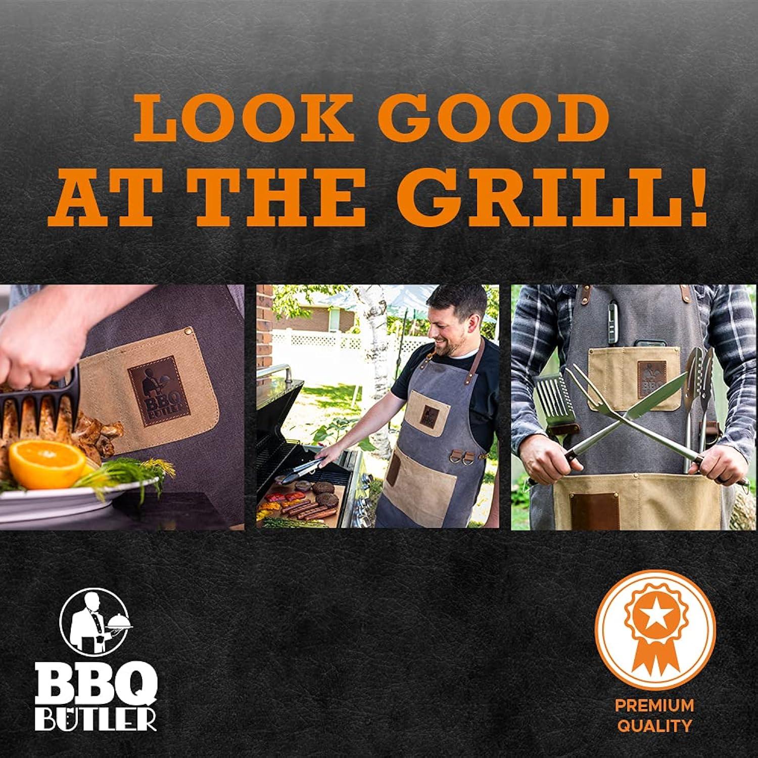 BBQ Butler Grilling Apron - Premium Canvas Apron - Deluxe Leather