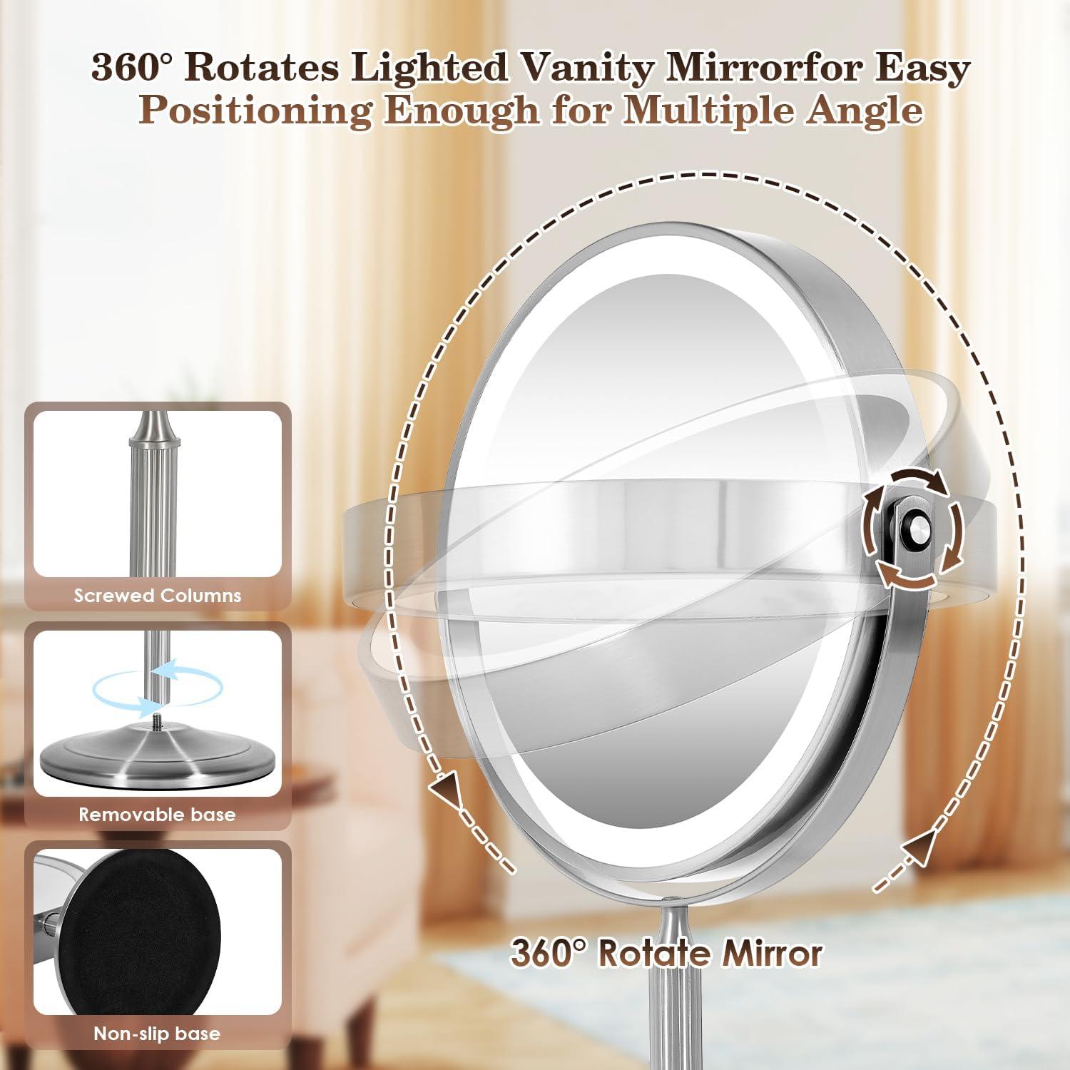 Nickel 9.5" Double-Sided Lighted Makeup Mirror with 15X Magnification