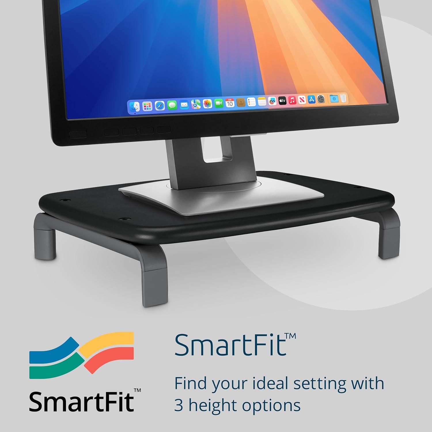 Kensington Monitor Stand with SmartFit, For 21" Monitors, 11.5" x 9" x 3", Black/Gray, Supports 80 lbs