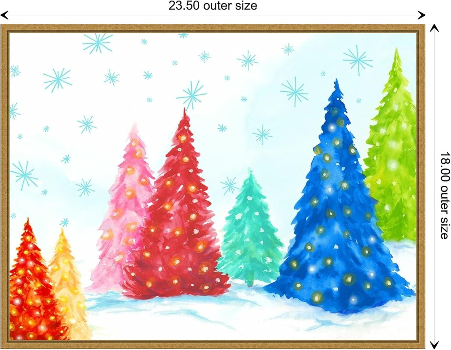 Magic Christmas Trees Multicolor Canvas Print with Gold Frame