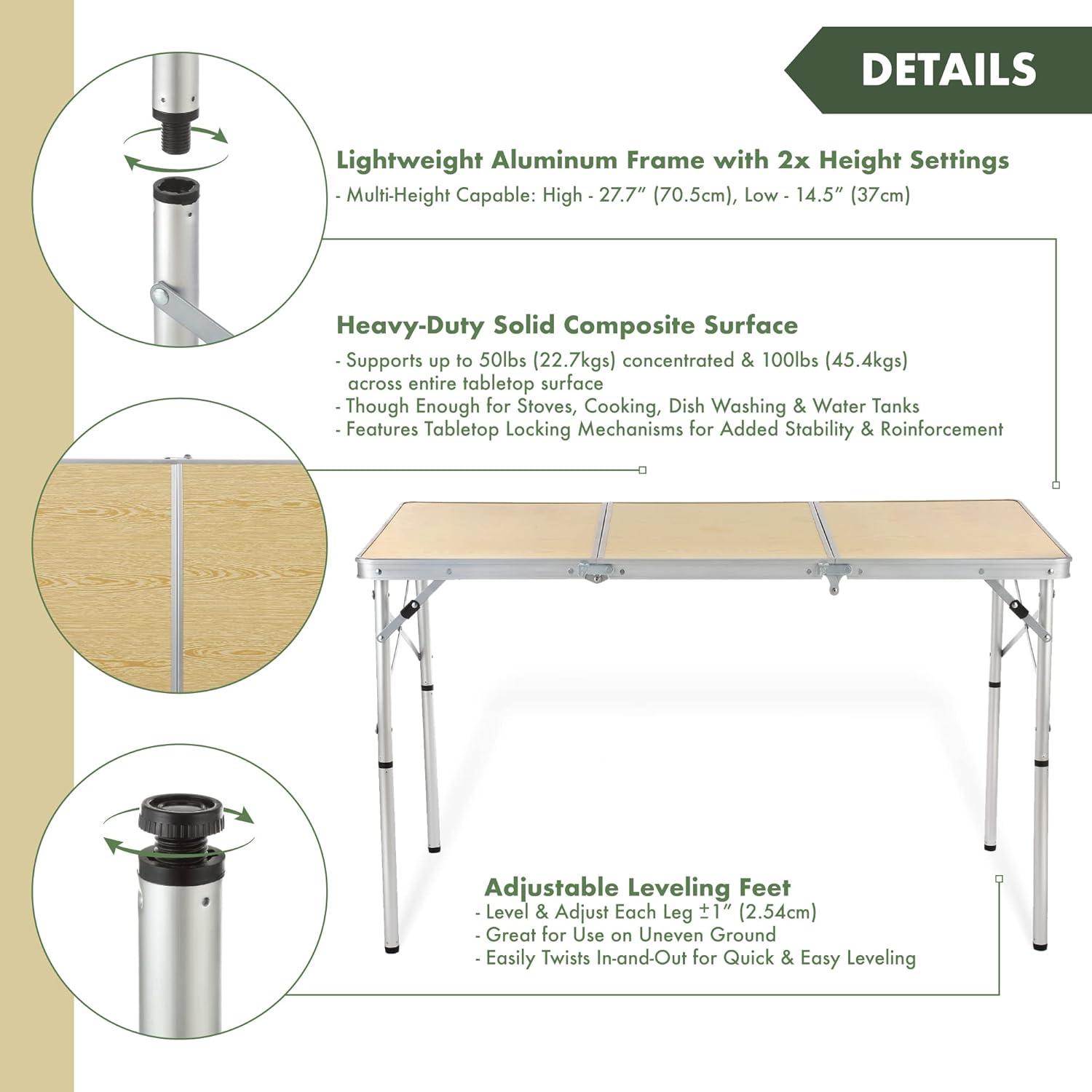 White Oak Aluminum Frame Folding Camping Table with Carrying Case