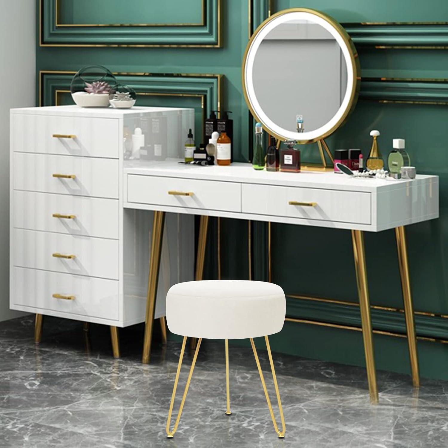 GERANT Multifunctional Vanity Stools - Velvet Round Ottoman Modern Dressing Stool -Upholstered Footrest Stool - Side Table Footstool with Golden Metal Leg for Living Room, Bedroom(Beige)
