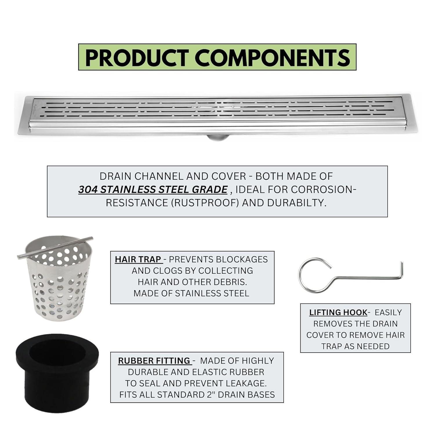 SereneDrains 304 Stainless Steel 60 Inch Linear Polished Chrome Shower Drain Kit Broken Lane Linear Shower Drains for Tile Floor Long Hair Catcher Strainer Cover Bathroom