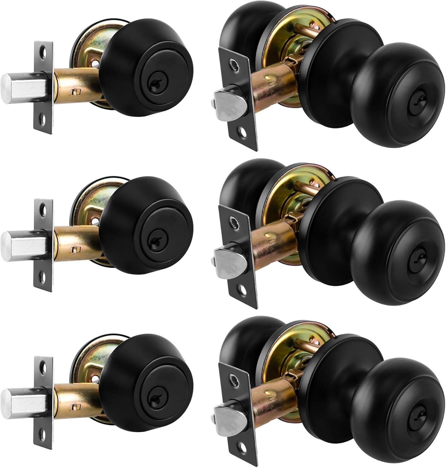 3 Pack Keyed Alike Entry Door Knobs and Single Cylinder Deadbolt Lock Combo Set Security for Entrance and Front Door with Classic Matte Black Finish