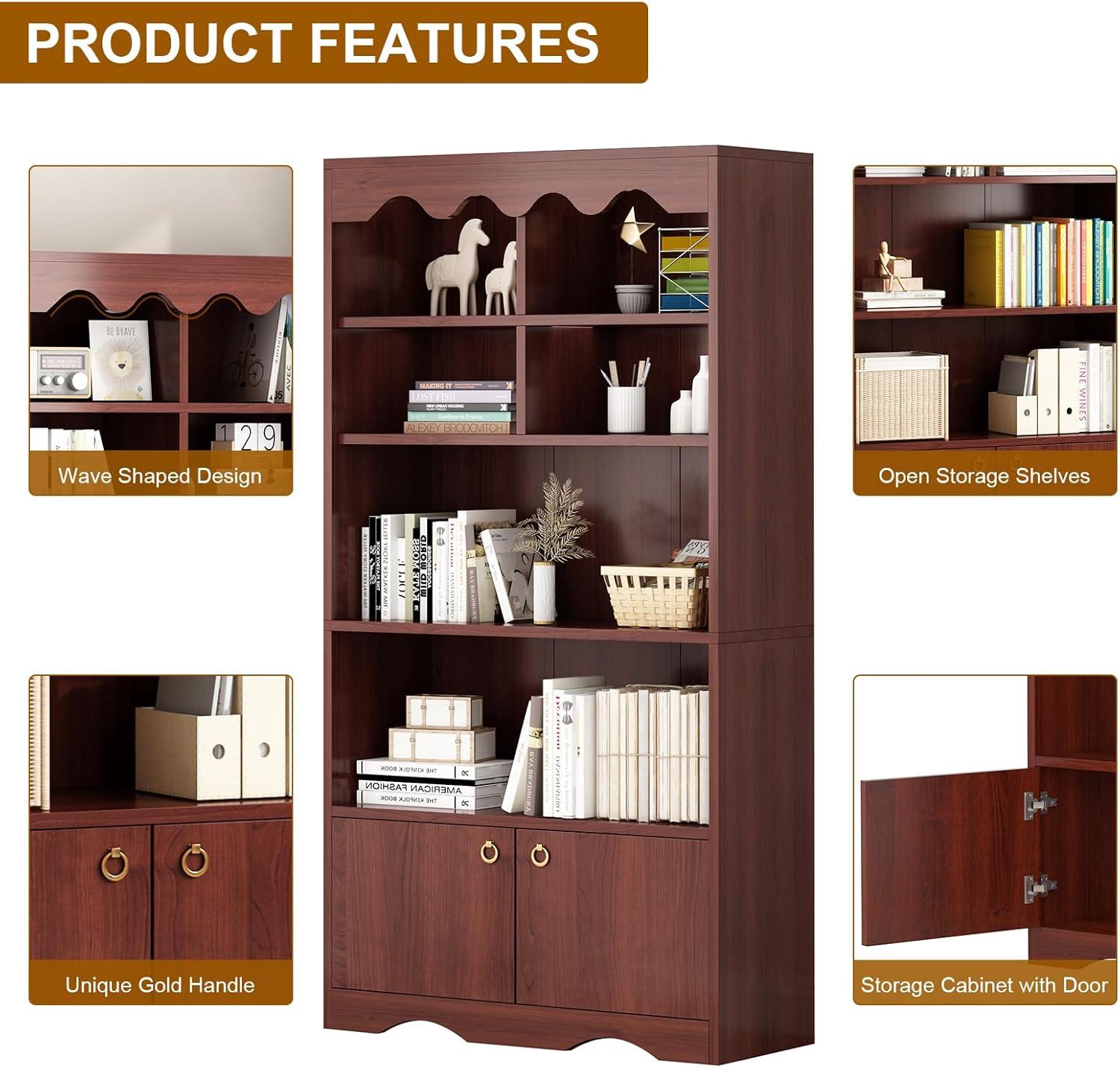 Bookshelf 5 Tier Open, Bookcase Modern with Doors, Wood Bookcase Storage Organizer Shelf, 63 inch Storage Shelves for Bedroom Living Room Office
