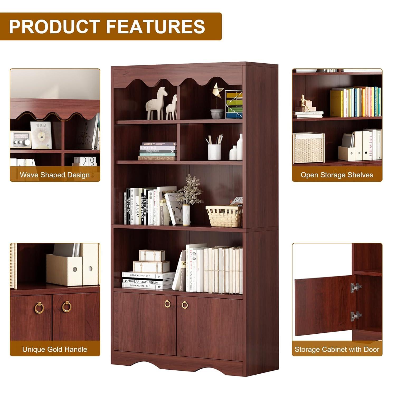 Bookshelf 5 Tier Open, Bookcase Modern with Doors, Wood Bookcase Storage Organizer Shelf, 63 inch Storage Shelves for Bedroom Living Room Office