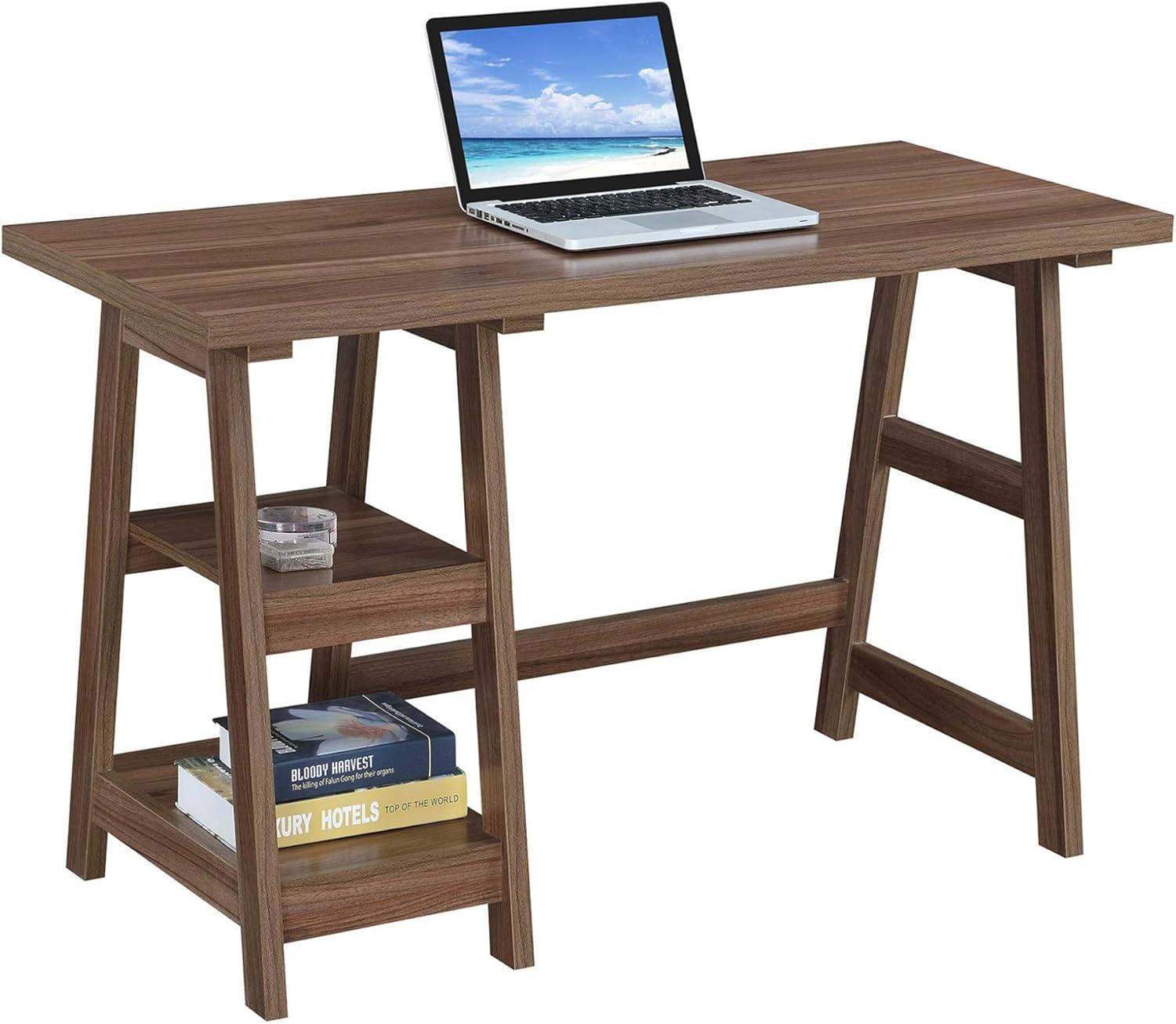 Cappuccino Wood Trestle Desk with Shelves, 47"