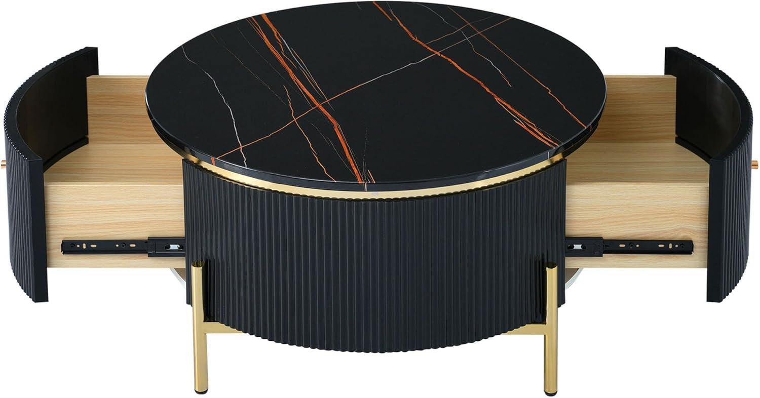 Black Round Coffee Table with Gold Legs and Storage Drawers