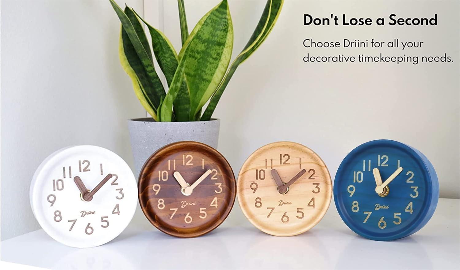 Driini Wooden Analog Desk Clock  – Easy to Read; Silent Sweep Table Decor