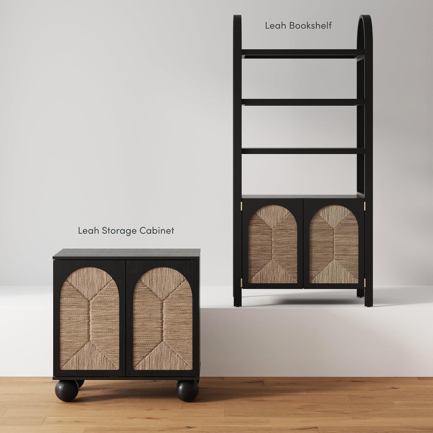 Black Seagrass Bohemian TV Stand with Solid Wood Legs