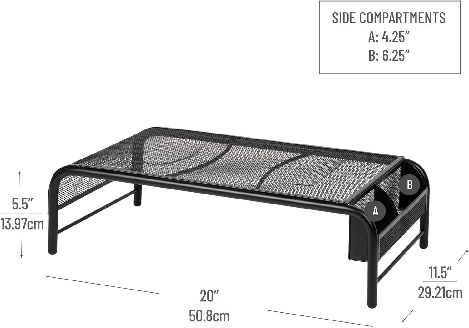 Mind Reader Monitor Stand, Ventilated Laptop Riser, Desktop Organizer, Side Storage, Metal Mesh, 20"L x 11.5"W x 5.5"H, Black