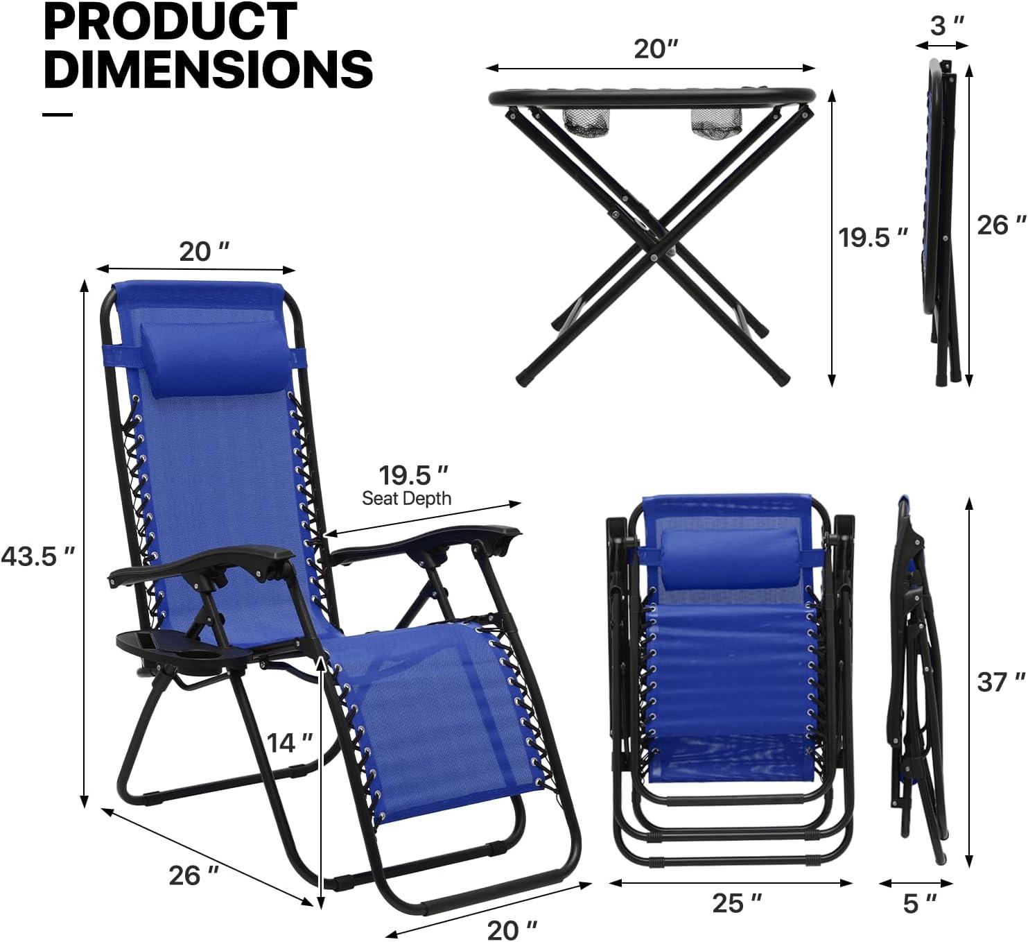 MoNiBloom Lounge Beach Chairs Set of 3 for Outside, Zero Gravity Camping Chairs with Side Table, Pillow and Tray, Blue