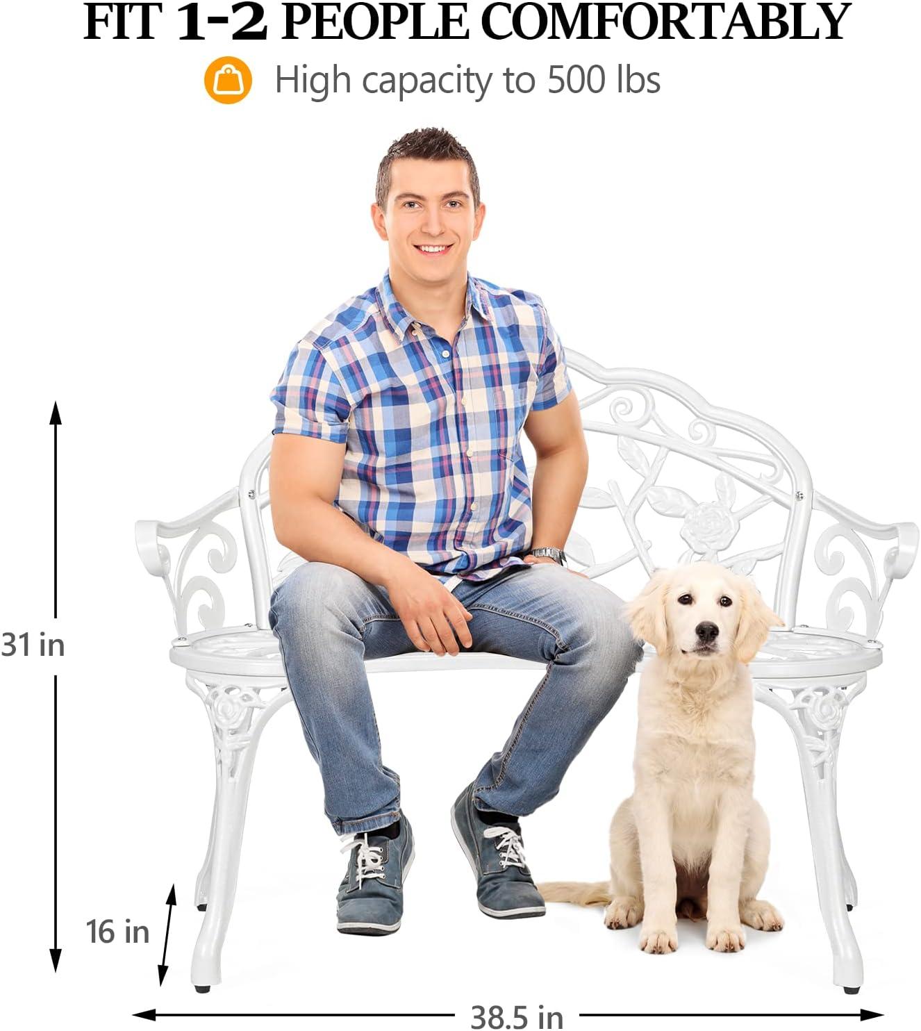 WANCQ 38.5" Patio Park Garden Outdoor Metal Rose Bench,Cast Iron Cast Aluminium Frame Antique Finish Chair,Accented Lawn Front Porch Path Yard Decor Deck Furniture for 2 Person Seat（White)