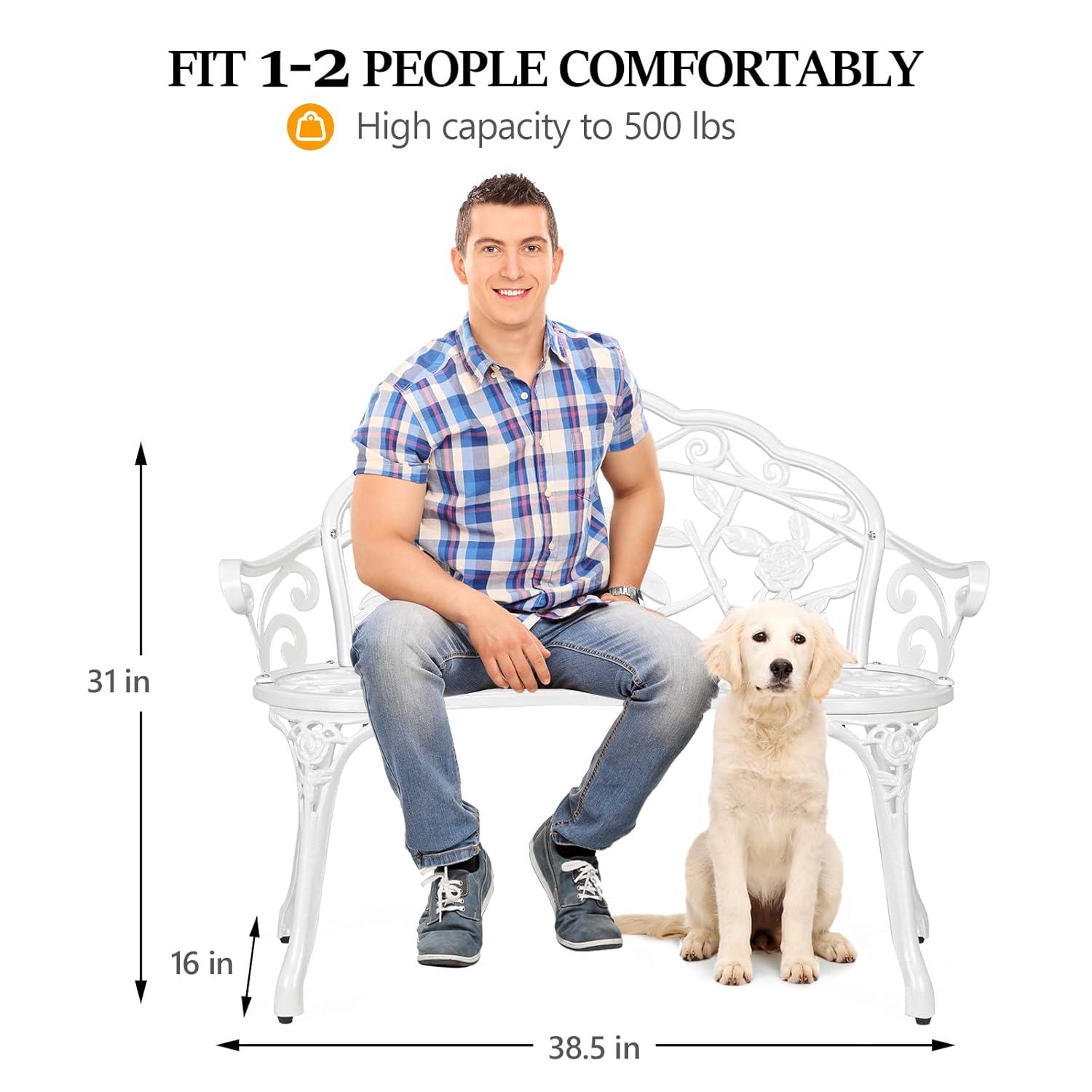 WANCQ 38.5" Patio Park Garden Outdoor Metal Rose Bench,Cast Iron Cast Aluminium Frame Antique Finish Chair,Accented Lawn Front Porch Path Yard Decor Deck Furniture for 2 Person Seat（White)