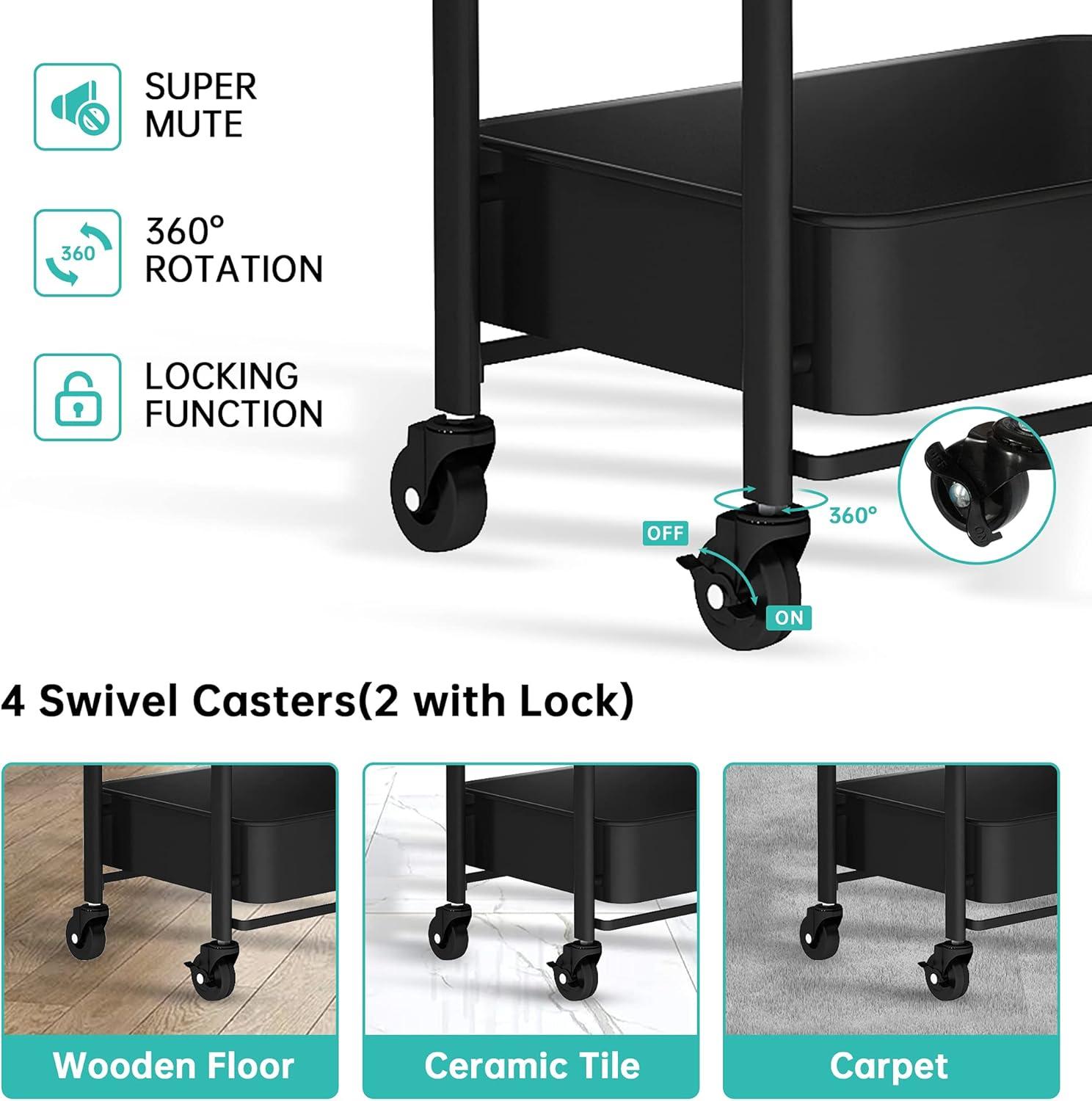 3-Tier Metal Mobile Cart, Foldable, Locking Wheels for Utility, Craft, Storage, Organization, Black